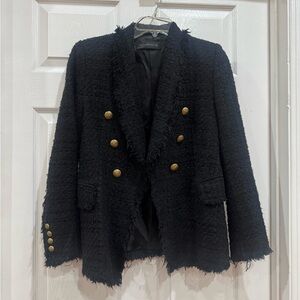 Zara Black Frayed Tweed Double-Breasted Blazer with Gold Buttons